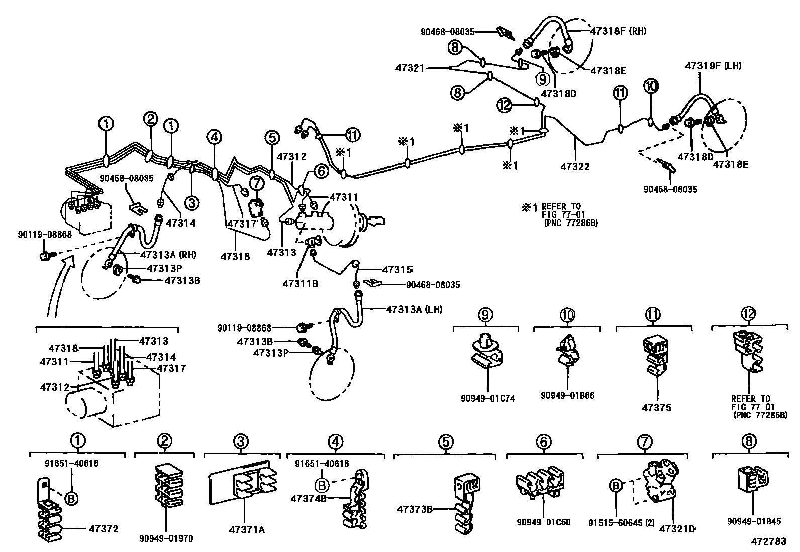 Toyota COROLLA 制动配管和卡箍 EPC diagram — 472783