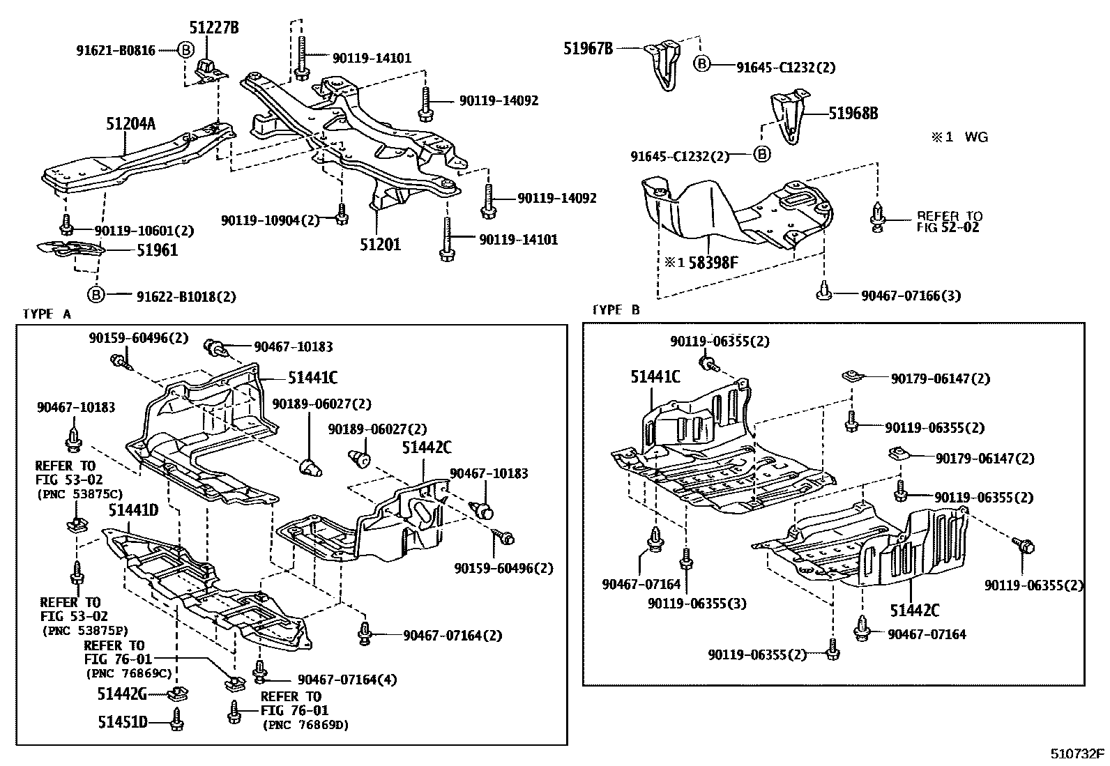 Toyota COROLLA 悬架横梁和发动机底罩 EPC diagram — 510732F
