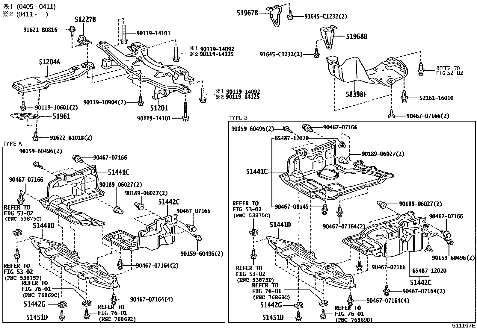 Toyota COROLLA 悬架横梁和发动机底罩 EPC diagram — 511167E