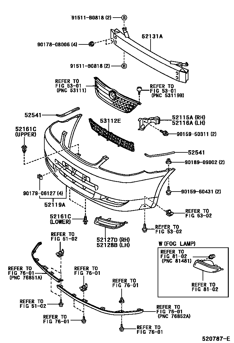 Toyota COROLLA 前保险杠及附件 EPC diagram — 520787E