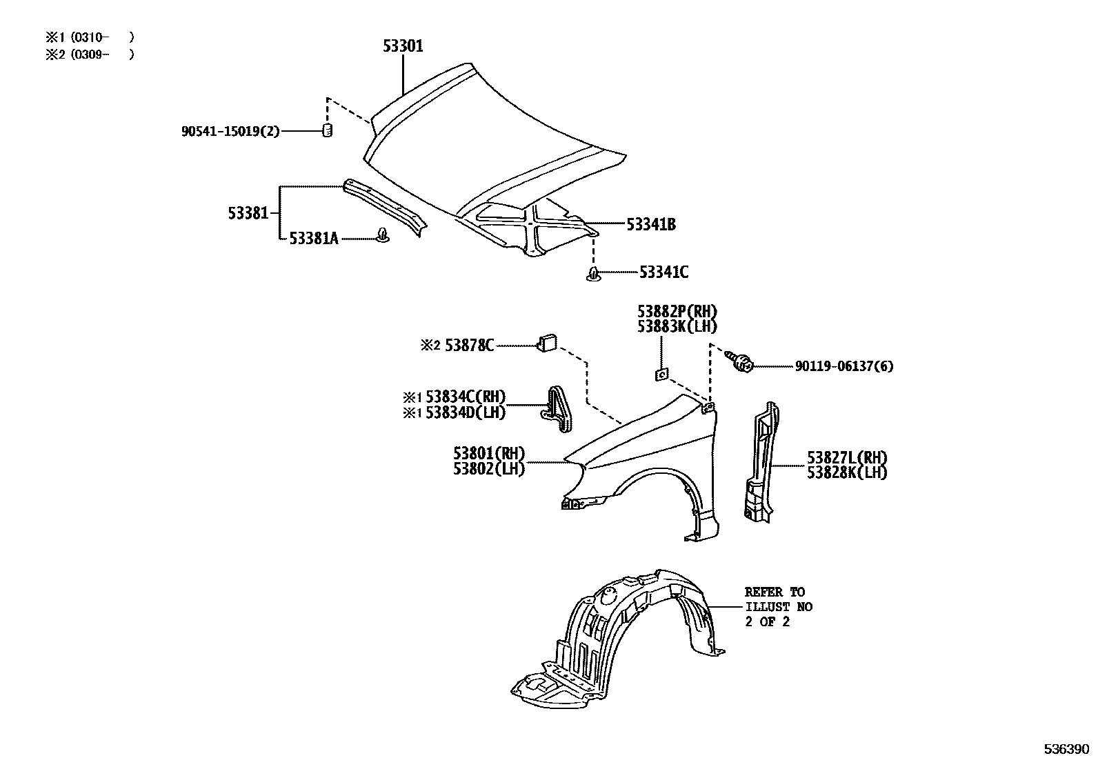 Toyota COROLLA 发动机盖和前翼子板 EPC diagram — 536390