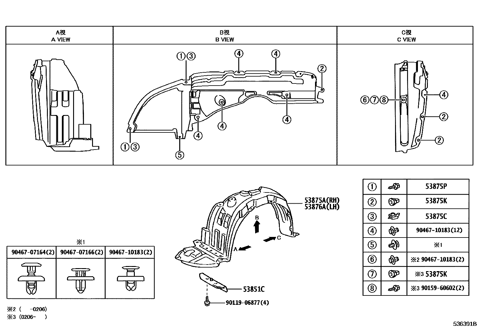 Toyota COROLLA 发动机盖和前翼子板 EPC diagram — 536391B