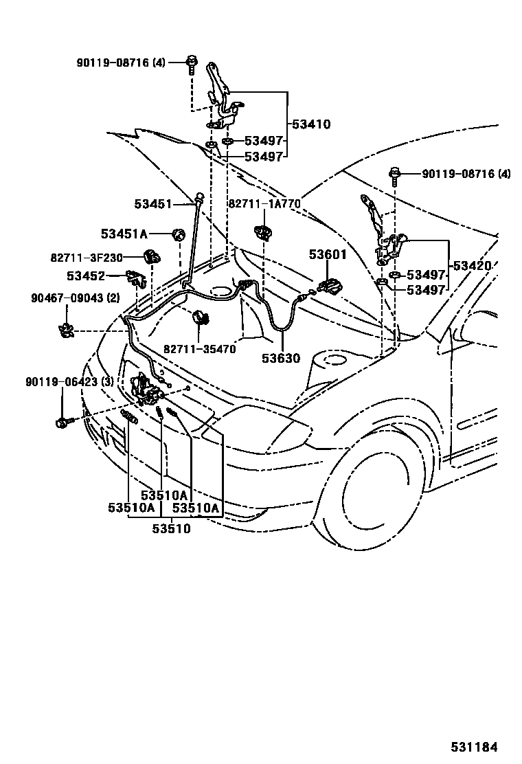 Toyota COROLLA 发动机盖锁和铰链 EPC diagram — 531184