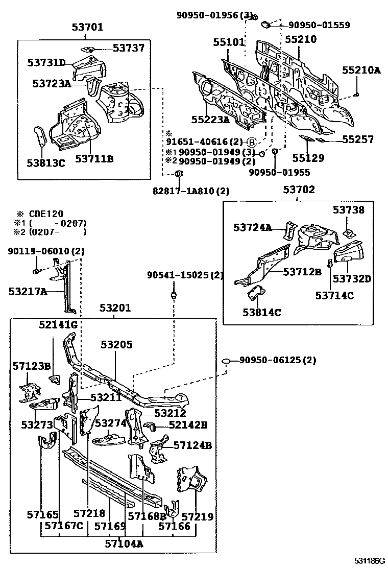 Toyota COROLLA 前翼子板挡泥板和前围板 EPC diagram — 531186G