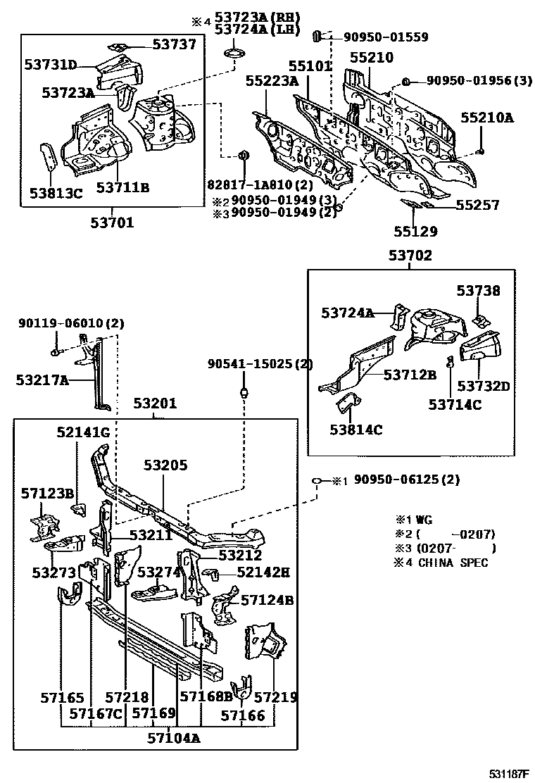 Toyota COROLLA 前翼子板挡泥板和前围板 EPC diagram — 531187F