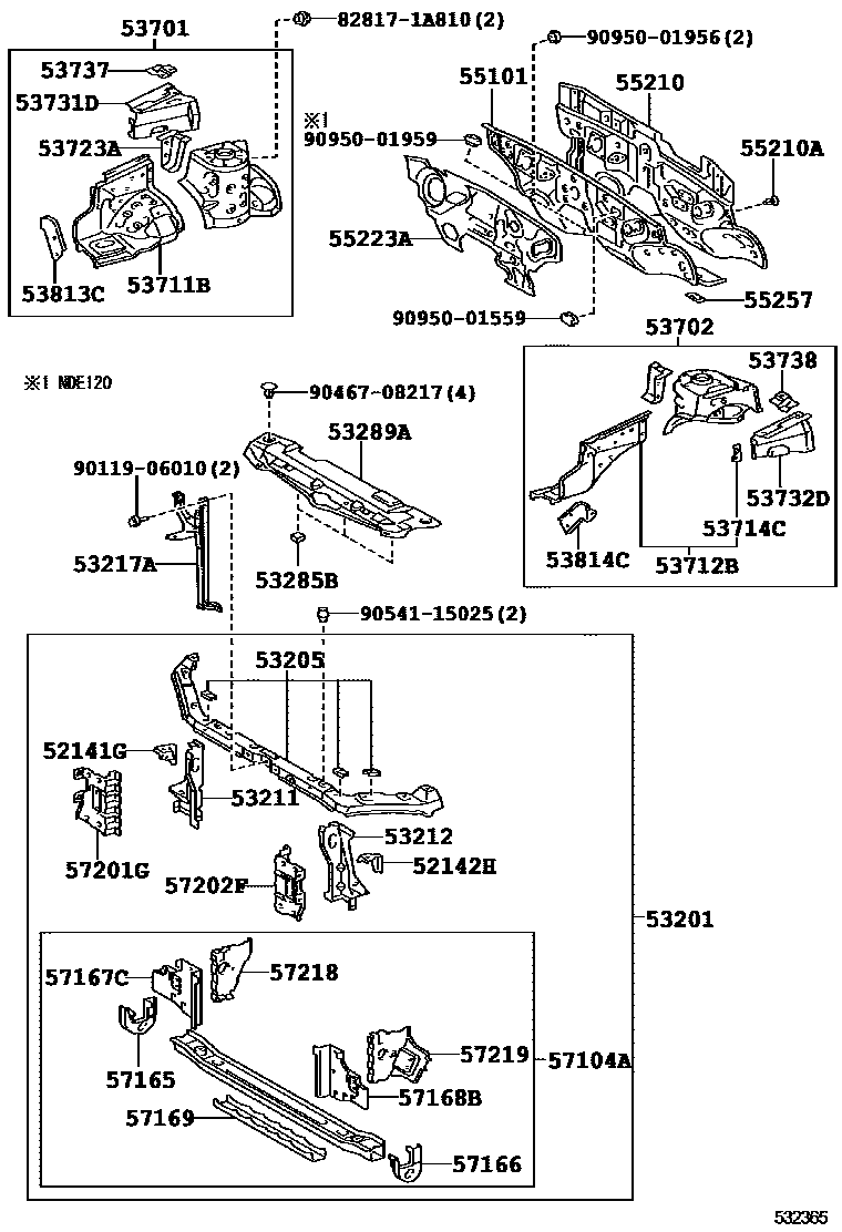 Toyota COROLLA 前翼子板挡泥板和前围板 EPC diagram — 532365