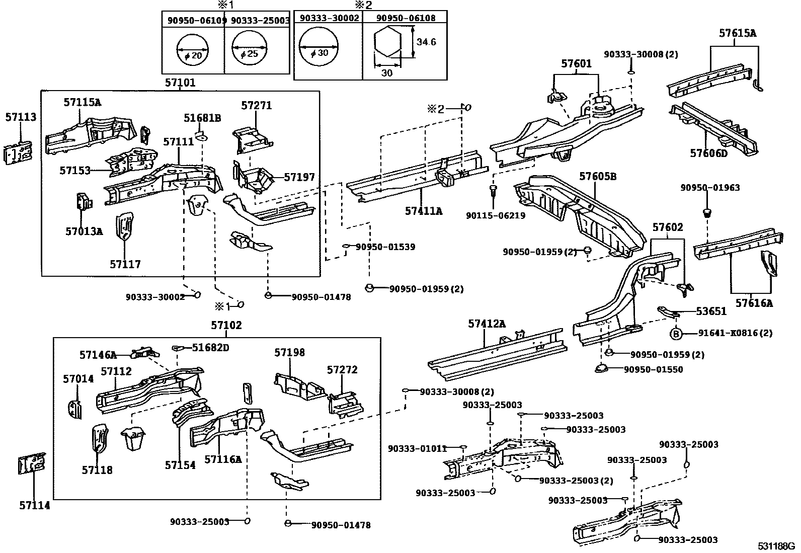 Toyota COROLLA Floor stringers EPC diagram — 531188G