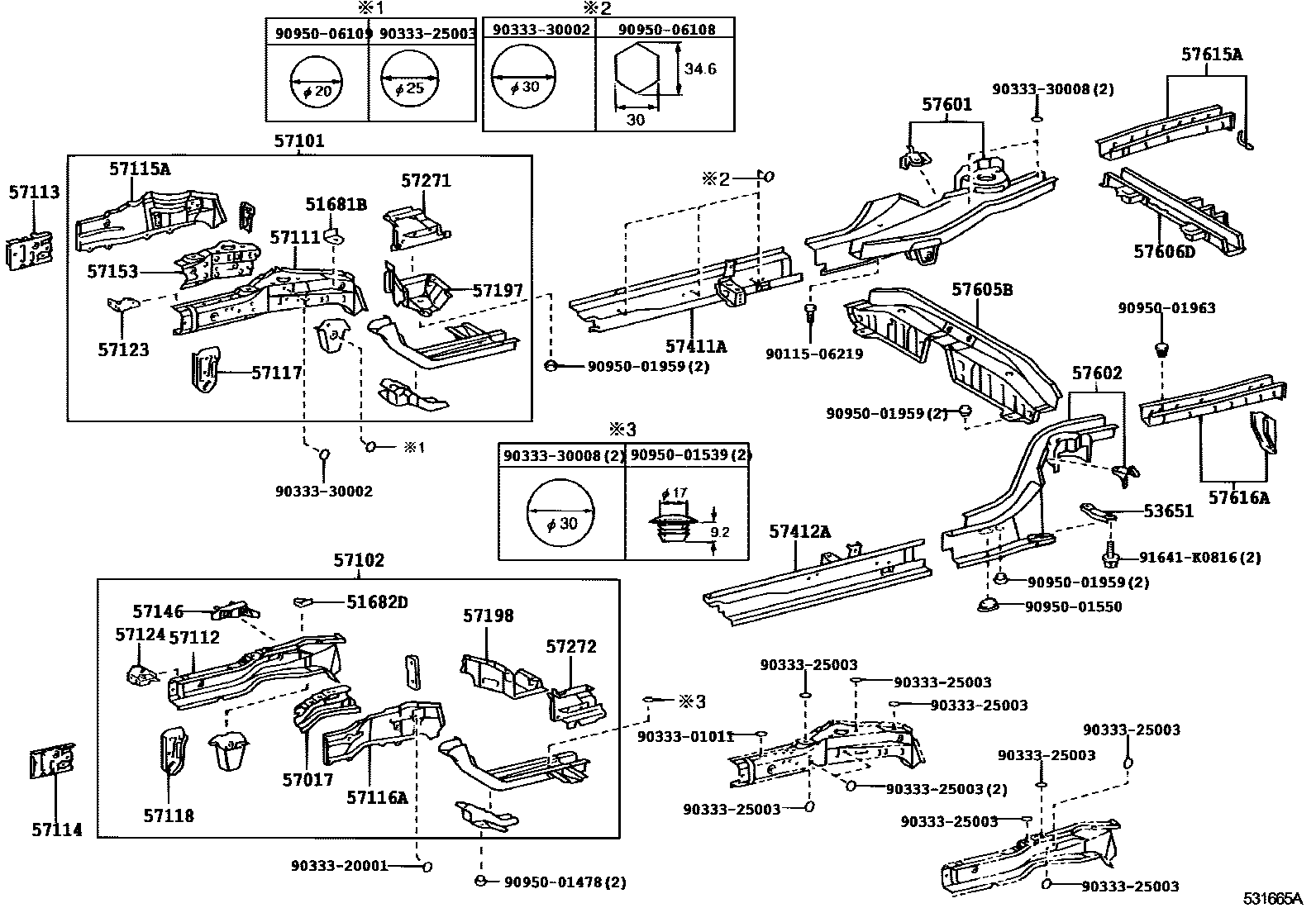 Toyota COROLLA Floor stringers EPC diagram — 531665A