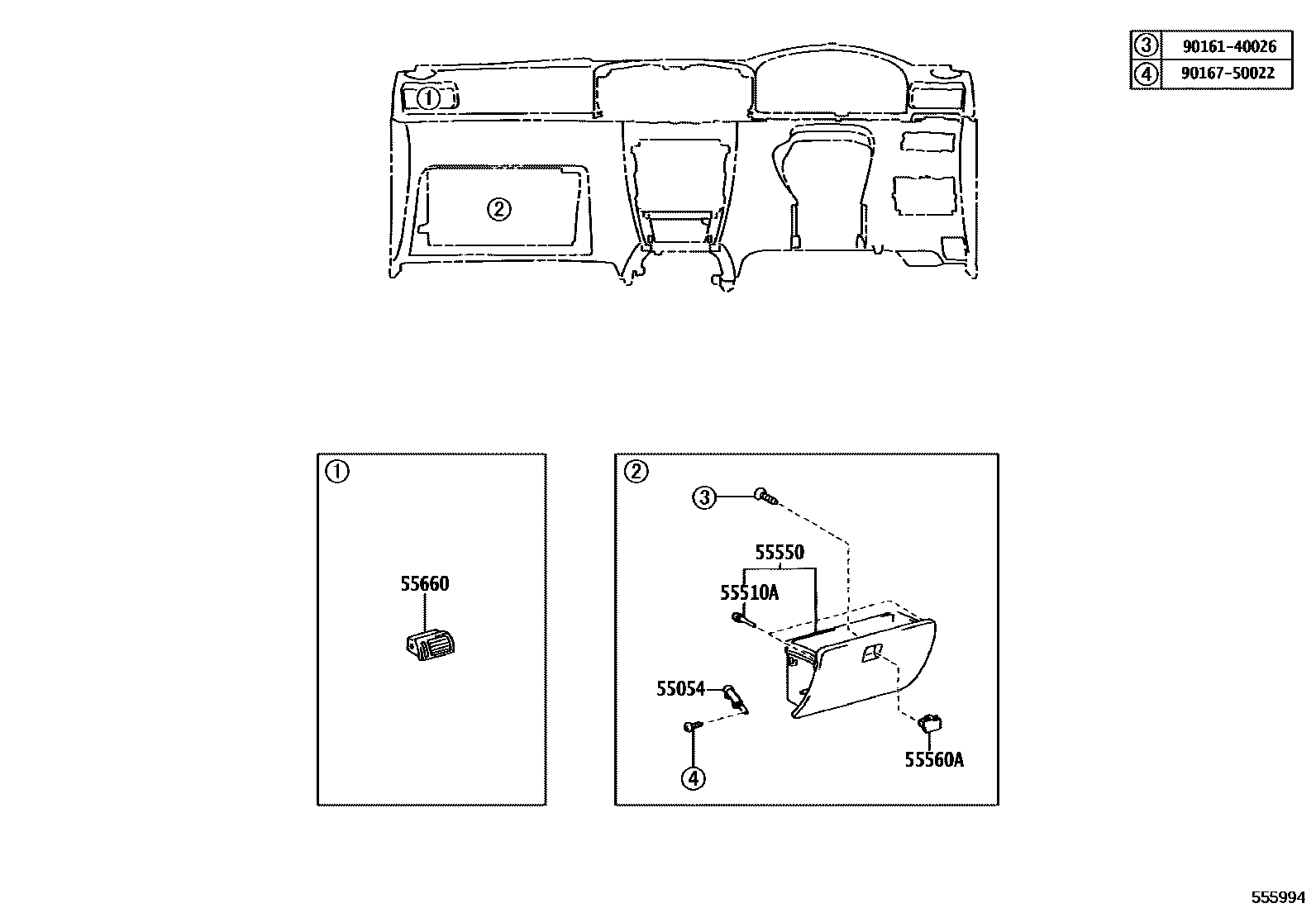 Toyota COROLLA 仪表板和手套箱 EPC diagram — 555994