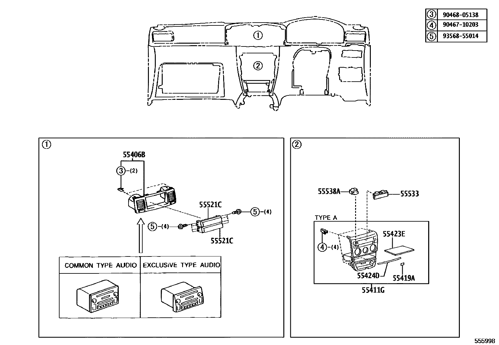 Toyota COROLLA 仪表板和手套箱 EPC diagram — 555998