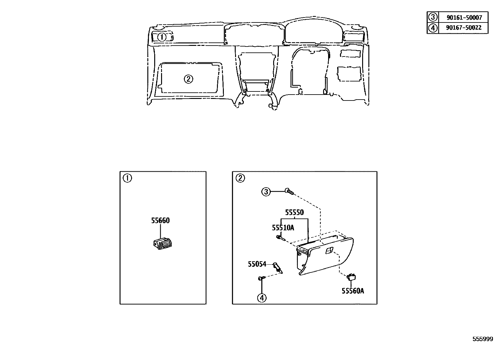 Toyota COROLLA 仪表板和手套箱 EPC diagram — 555999
