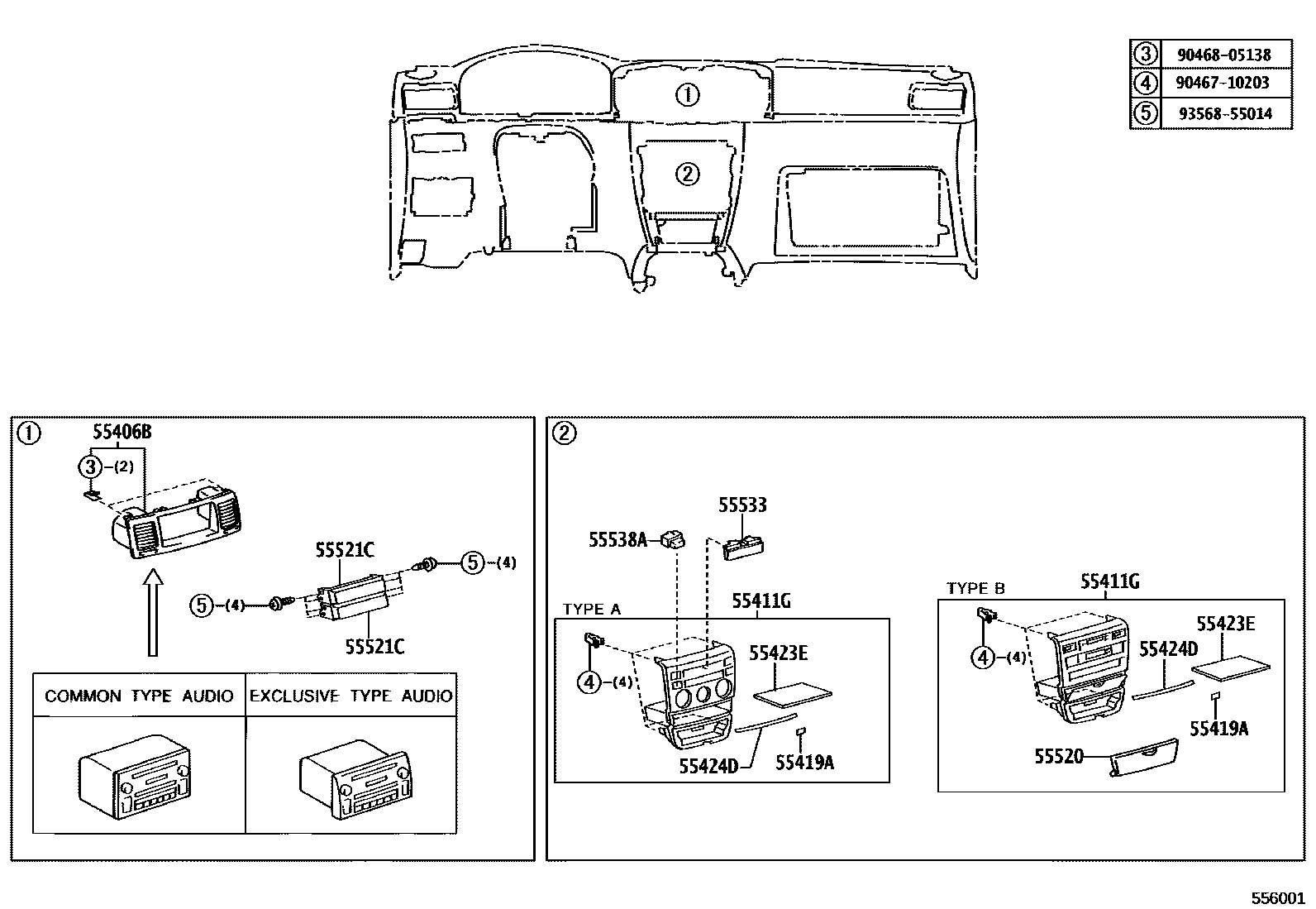 Toyota COROLLA 仪表板和手套箱 EPC diagram — 556001