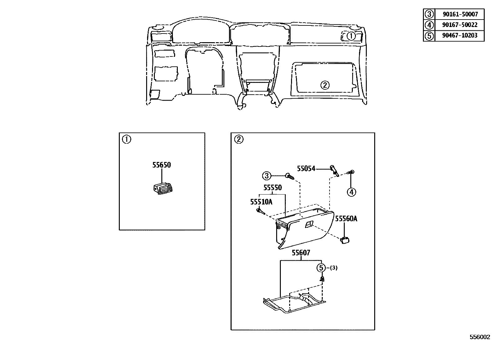 Toyota COROLLA 仪表板和手套箱 EPC diagram — 556002