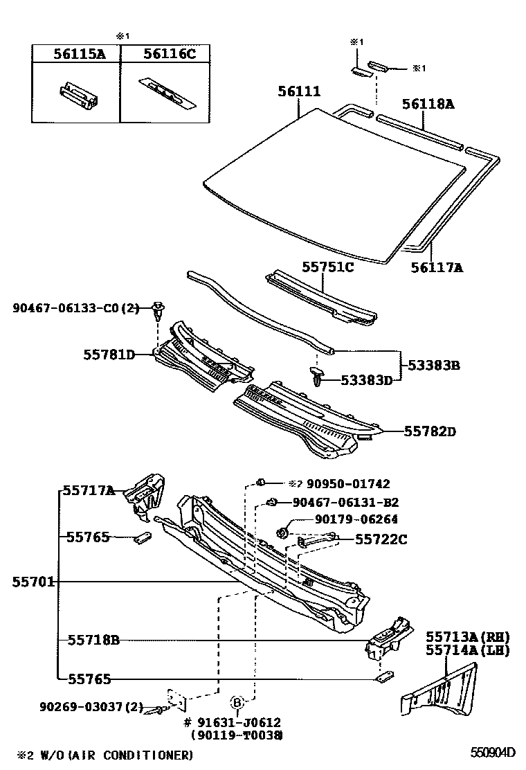 Toyota COROLLA 前围板和挡风玻璃 EPC diagram — 550904D