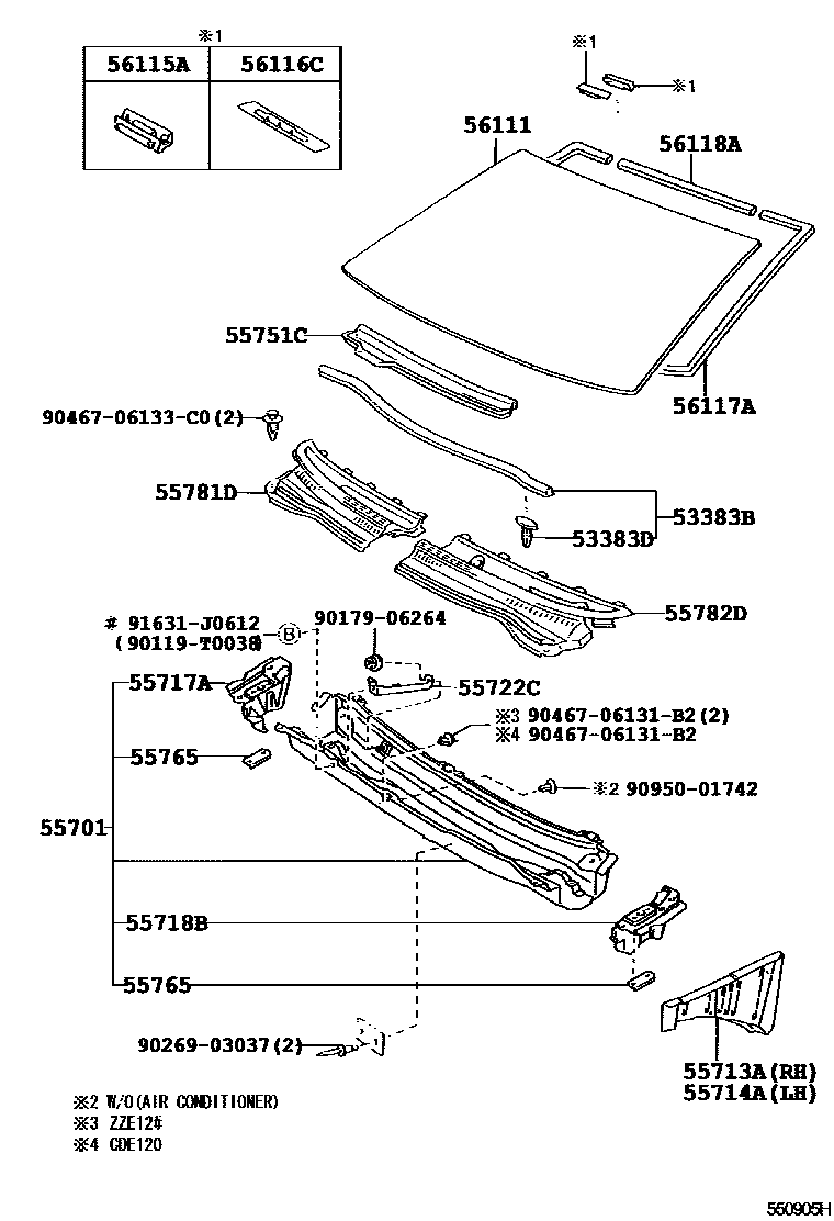 Toyota COROLLA 前围板和挡风玻璃 EPC diagram — 550905H
