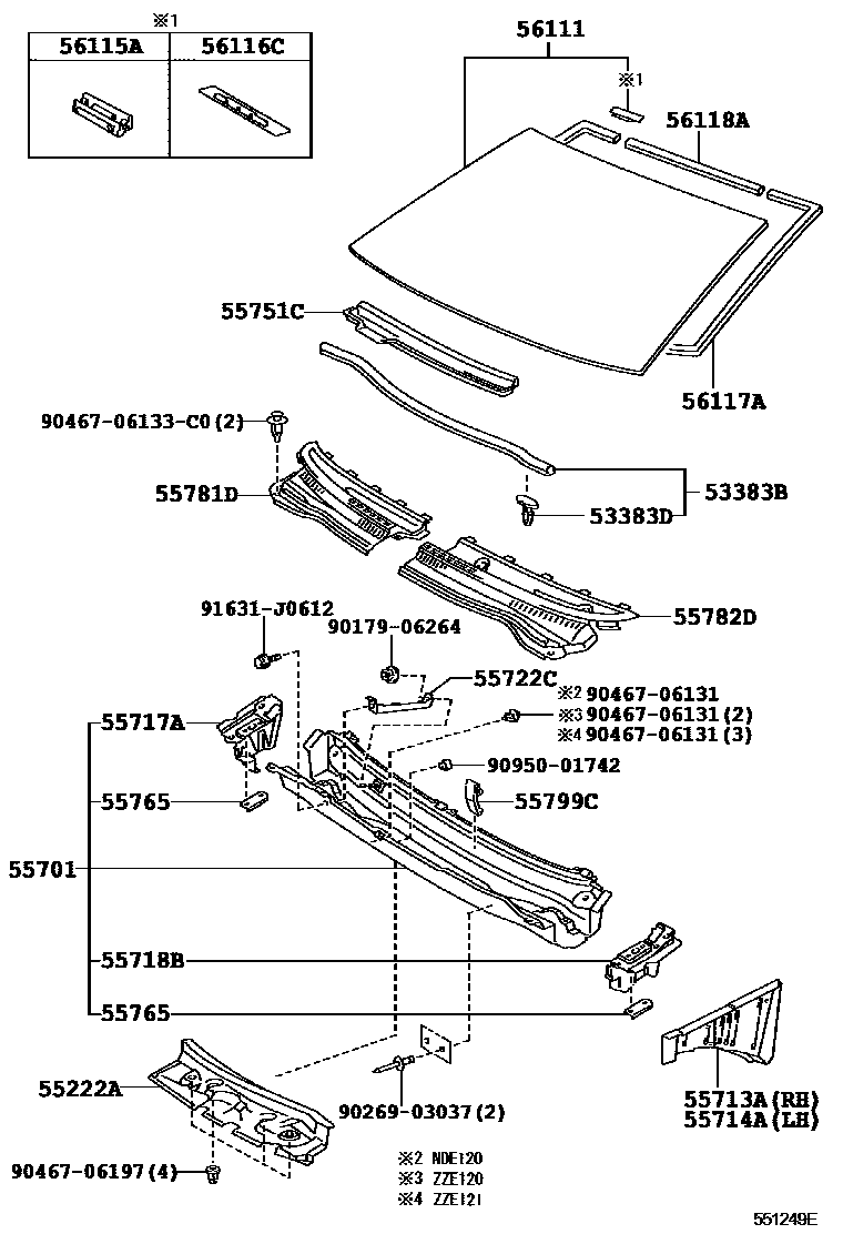 Toyota COROLLA 前围板和挡风玻璃 EPC diagram — 551249E