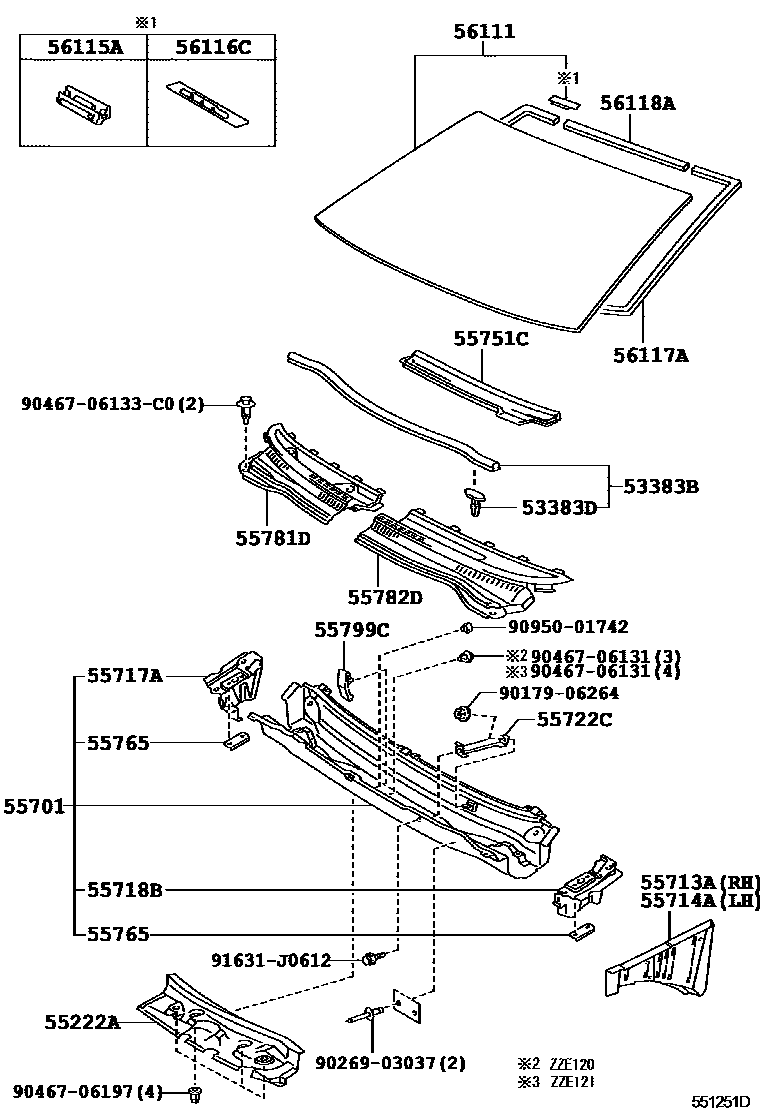 Toyota COROLLA 前围板和挡风玻璃 EPC diagram — 551251D