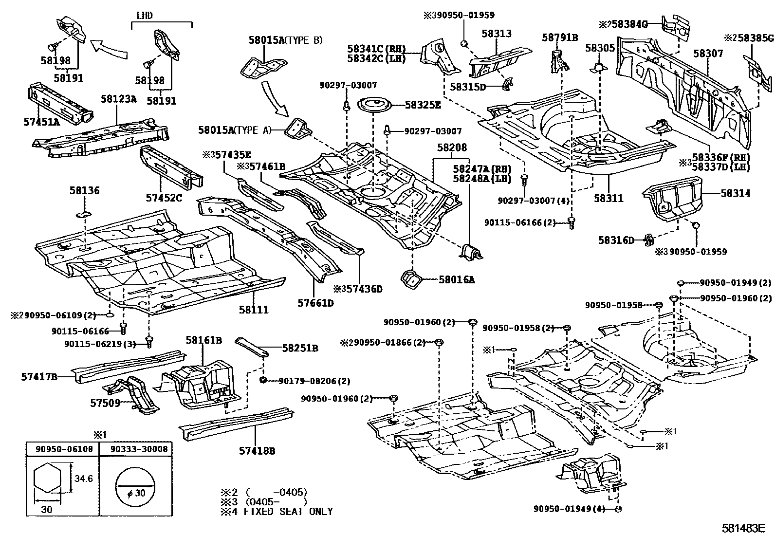 Toyota COROLLA 浅盘形地板和车身下背板 EPC diagram — 581483E