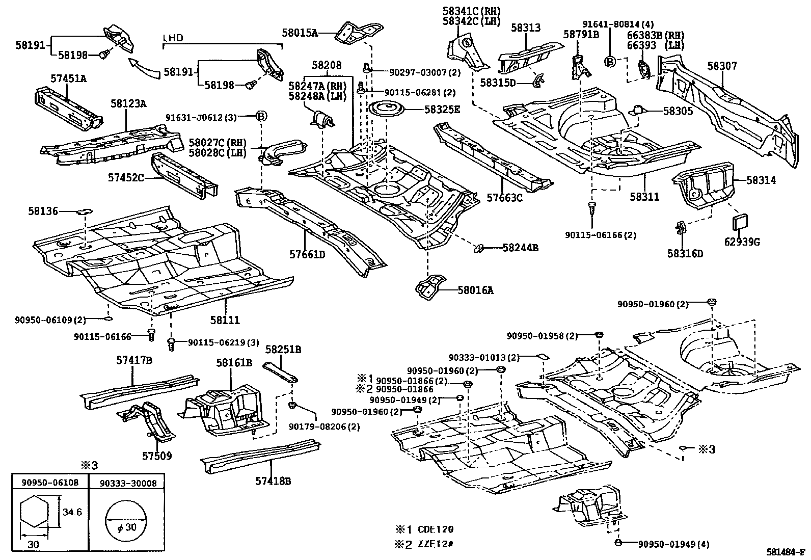 Toyota COROLLA 浅盘形地板和车身下背板 EPC diagram — 581484F