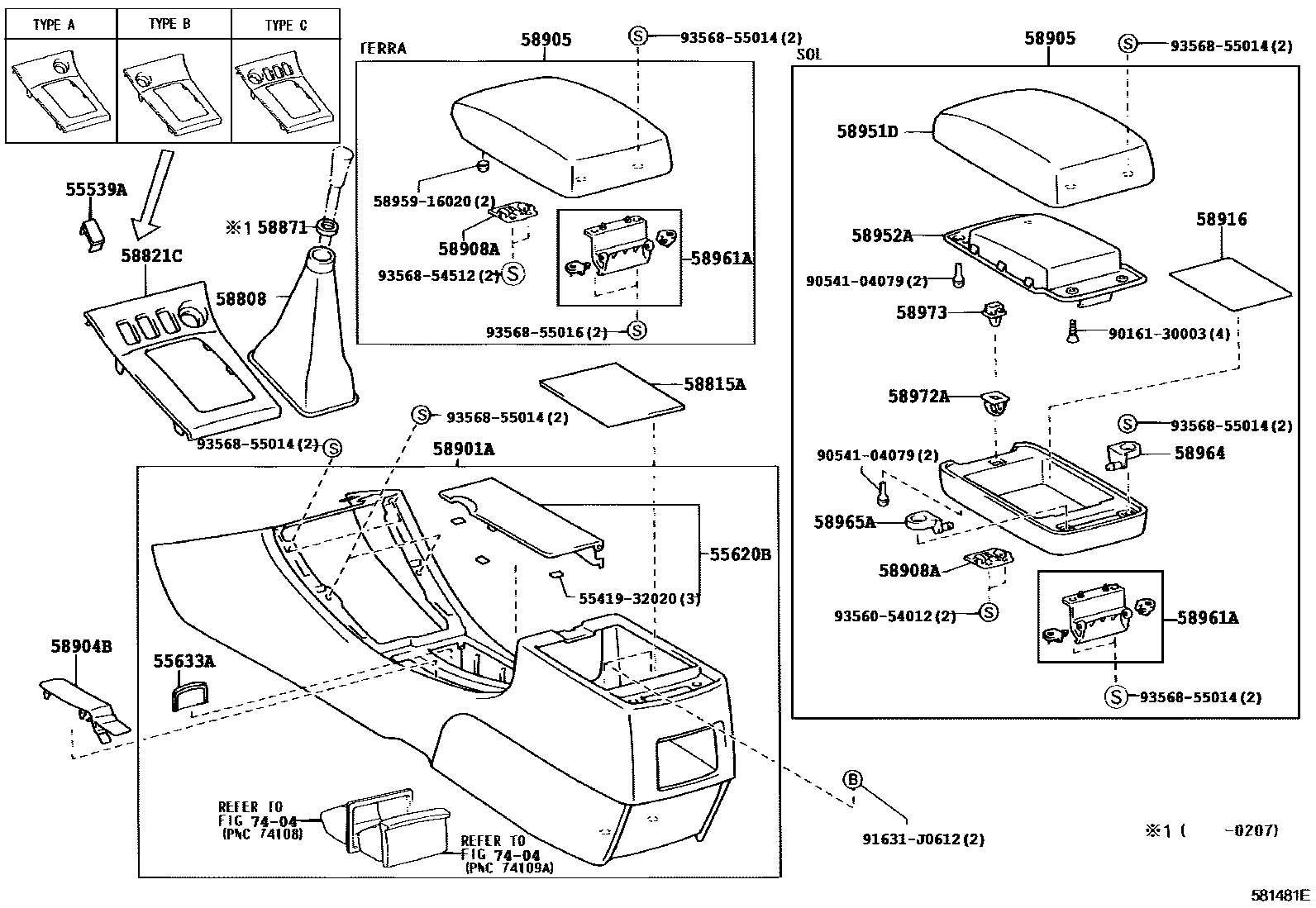 Toyota COROLLA 中央扶手箱和支架 EPC diagram — 581481E