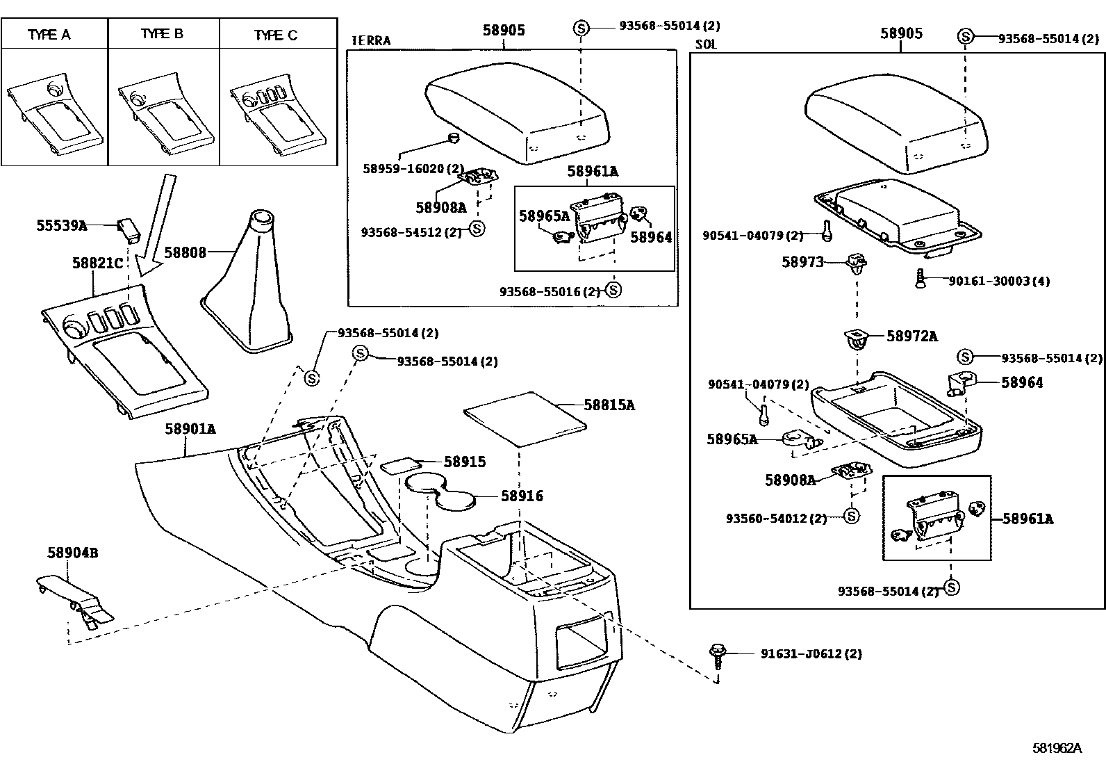 Toyota COROLLA 中央扶手箱和支架 EPC diagram — 581962A
