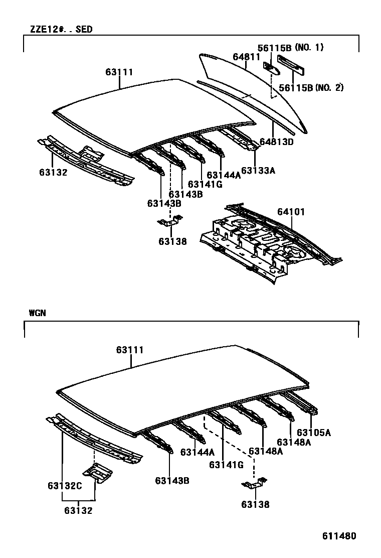Toyota COROLLA 天窗板和背窗玻璃 EPC diagram — 611480