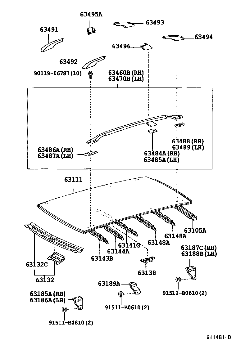 Toyota COROLLA 天窗板和背窗玻璃 EPC diagram — 611481B