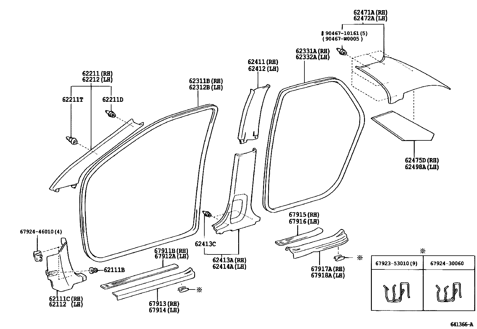 Toyota COROLLA 内饰板和车门防水胶条 EPC diagram — 641366A