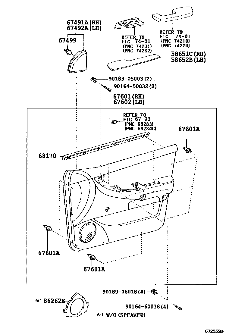 Toyota COROLLA 前门板和前门玻璃 EPC diagram — 672559B