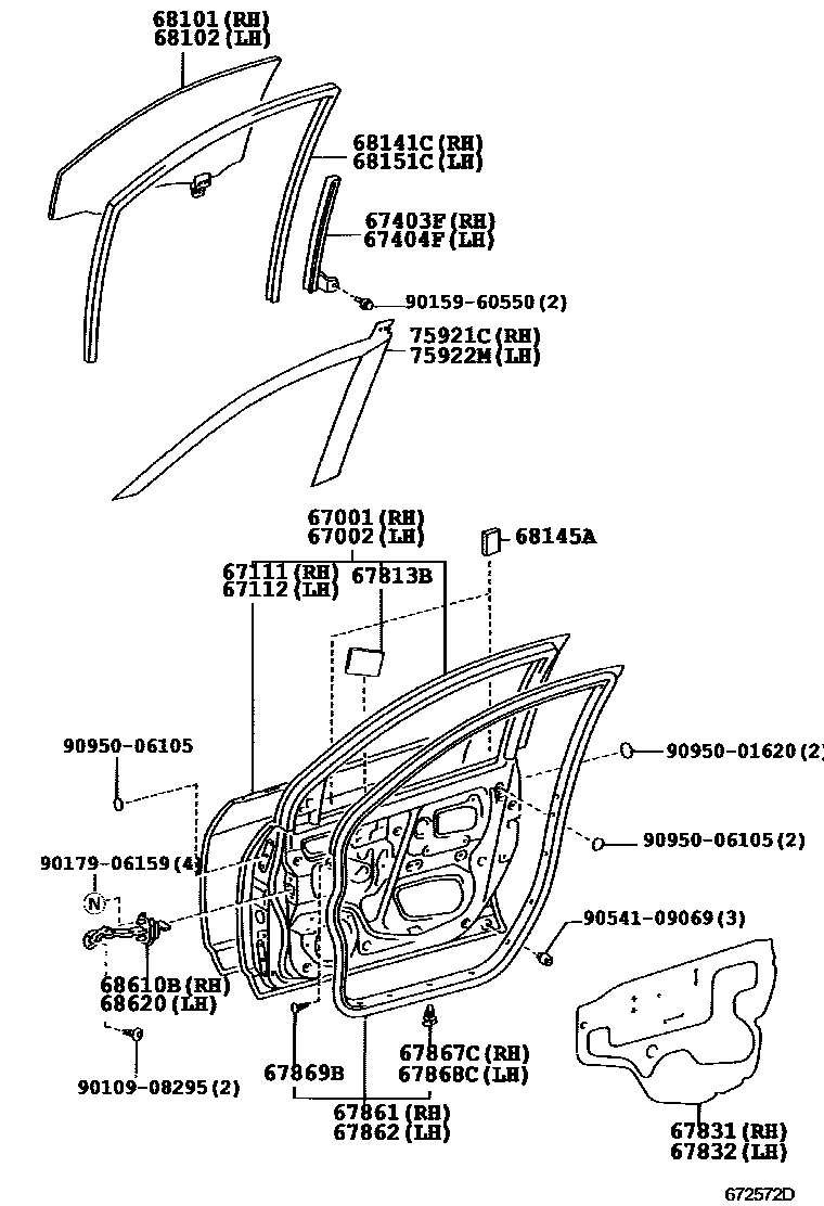 Toyota COROLLA 前门板和前门玻璃 EPC diagram — 672572D