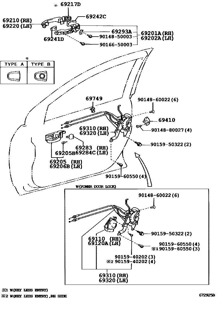 Toyota COROLLA 前门锁和车门把手 EPC diagram — 672925B