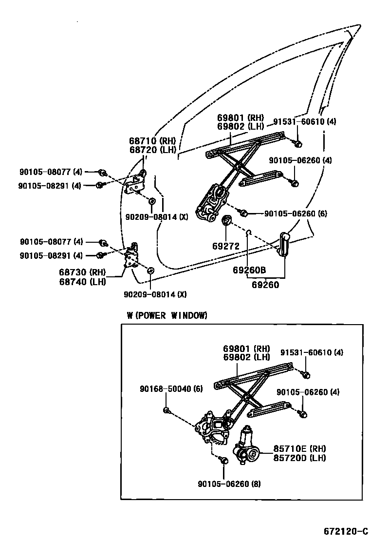 Toyota COROLLA 前门车窗升降器和合页 EPC diagram — 672120C