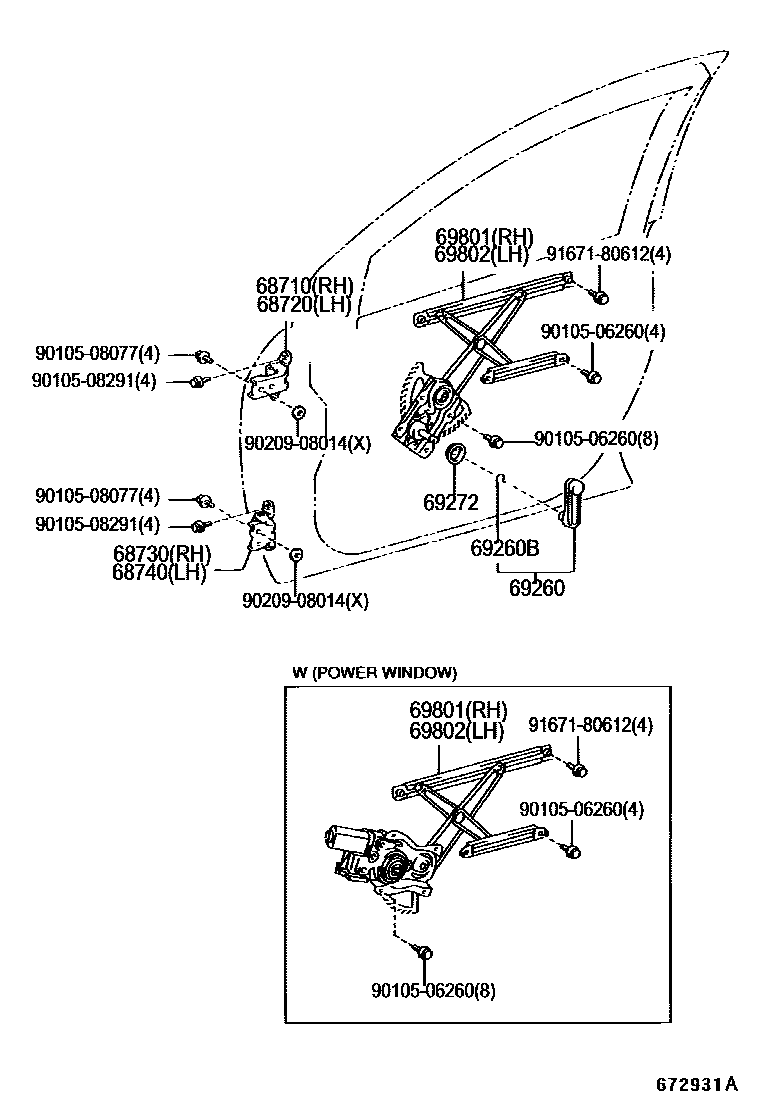 Toyota COROLLA 前门车窗升降器和合页 EPC diagram — 672931A
