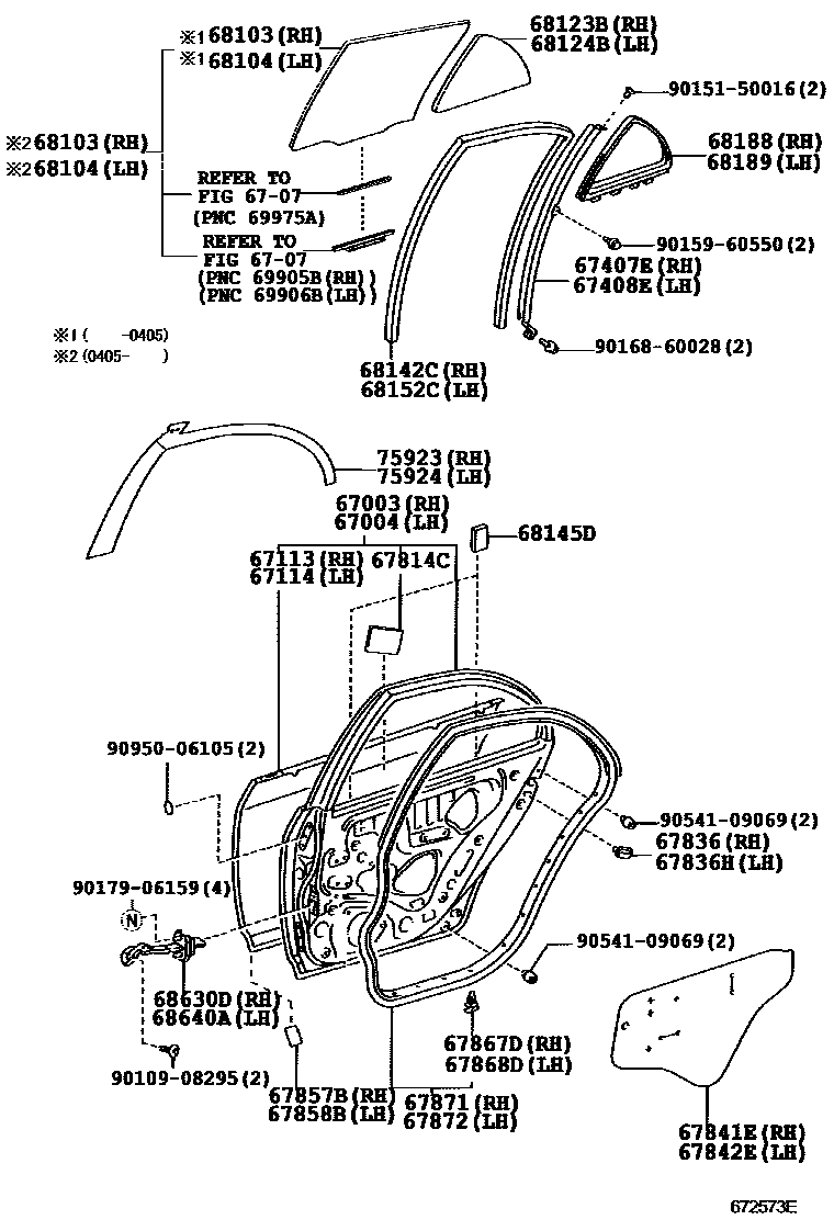 Toyota COROLLA 后门板和后门玻璃 EPC diagram — 672573E