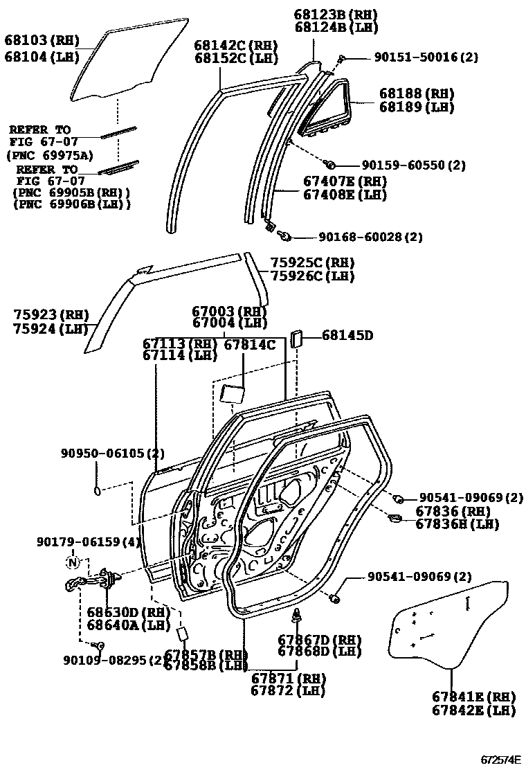 Toyota COROLLA 后门板和后门玻璃 EPC diagram — 672574E