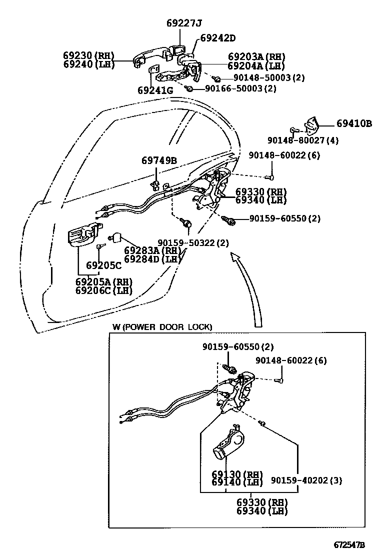 Toyota COROLLA 后门锁和后门把手 EPC diagram — 672547B