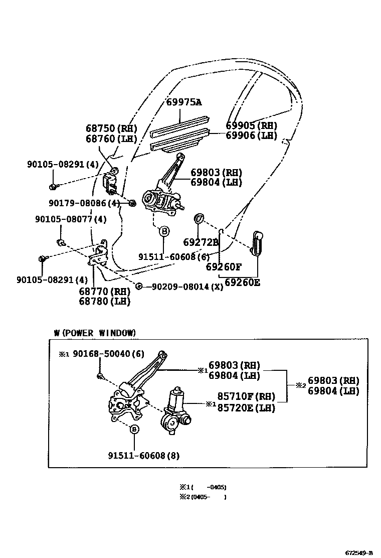 Toyota COROLLA 后门车窗升降器和合页 EPC diagram — 672549B