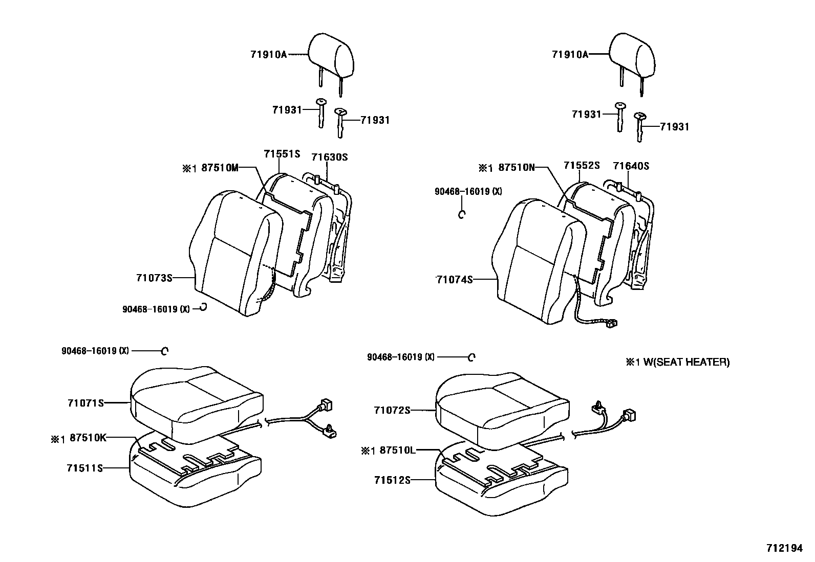 Toyota COROLLA 前排座椅和座椅滑轨 EPC diagram — 712194