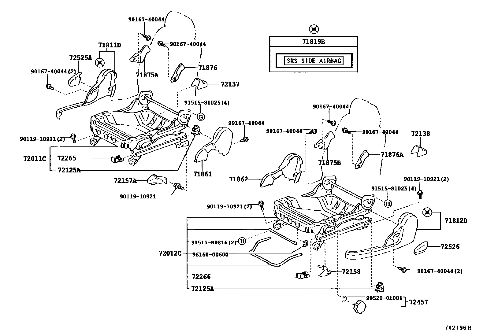 Toyota COROLLA 前排座椅和座椅滑轨 EPC diagram — 712196B