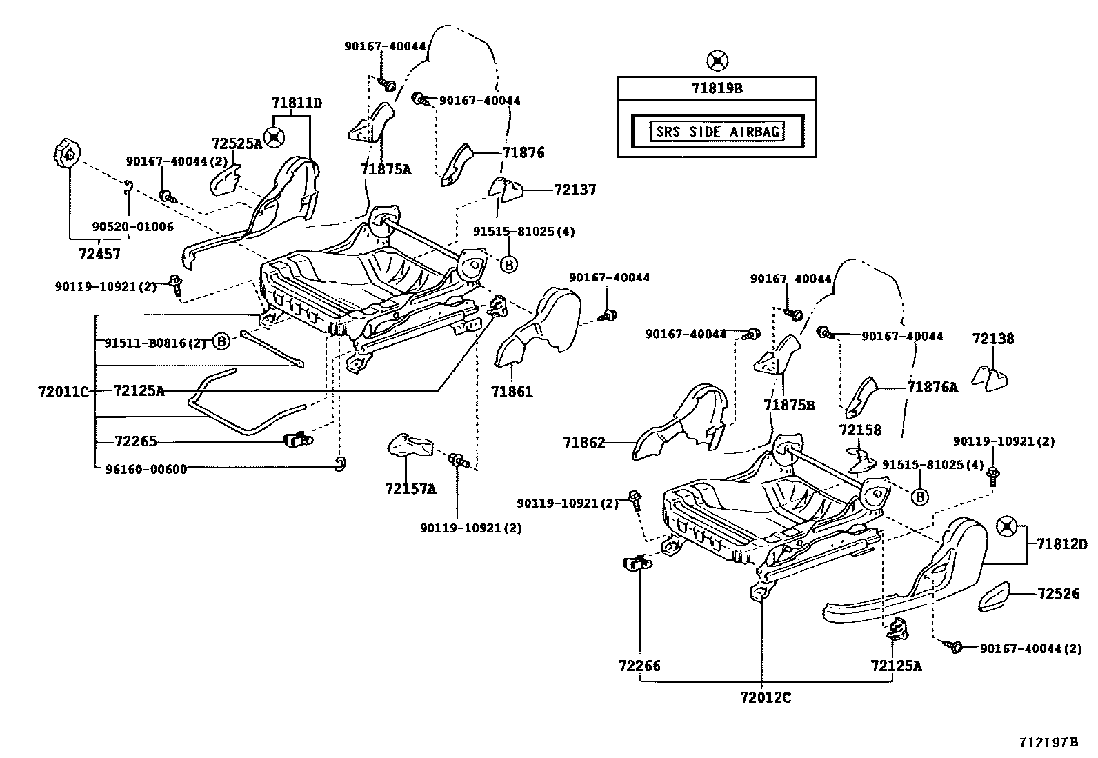 Toyota COROLLA 前排座椅和座椅滑轨 EPC diagram — 712197B