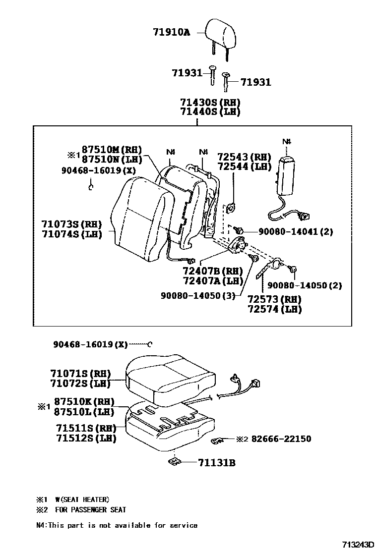 Toyota COROLLA 前排座椅和座椅滑轨 EPC diagram — 713243D
