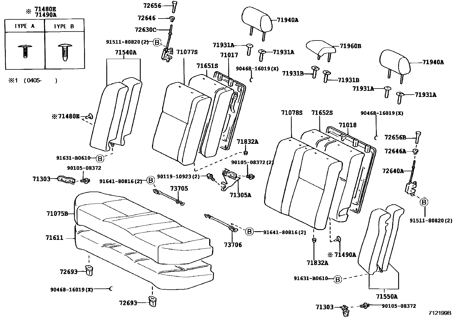 Toyota COROLLA 后排座椅和座椅滑轨 EPC diagram — 712199B