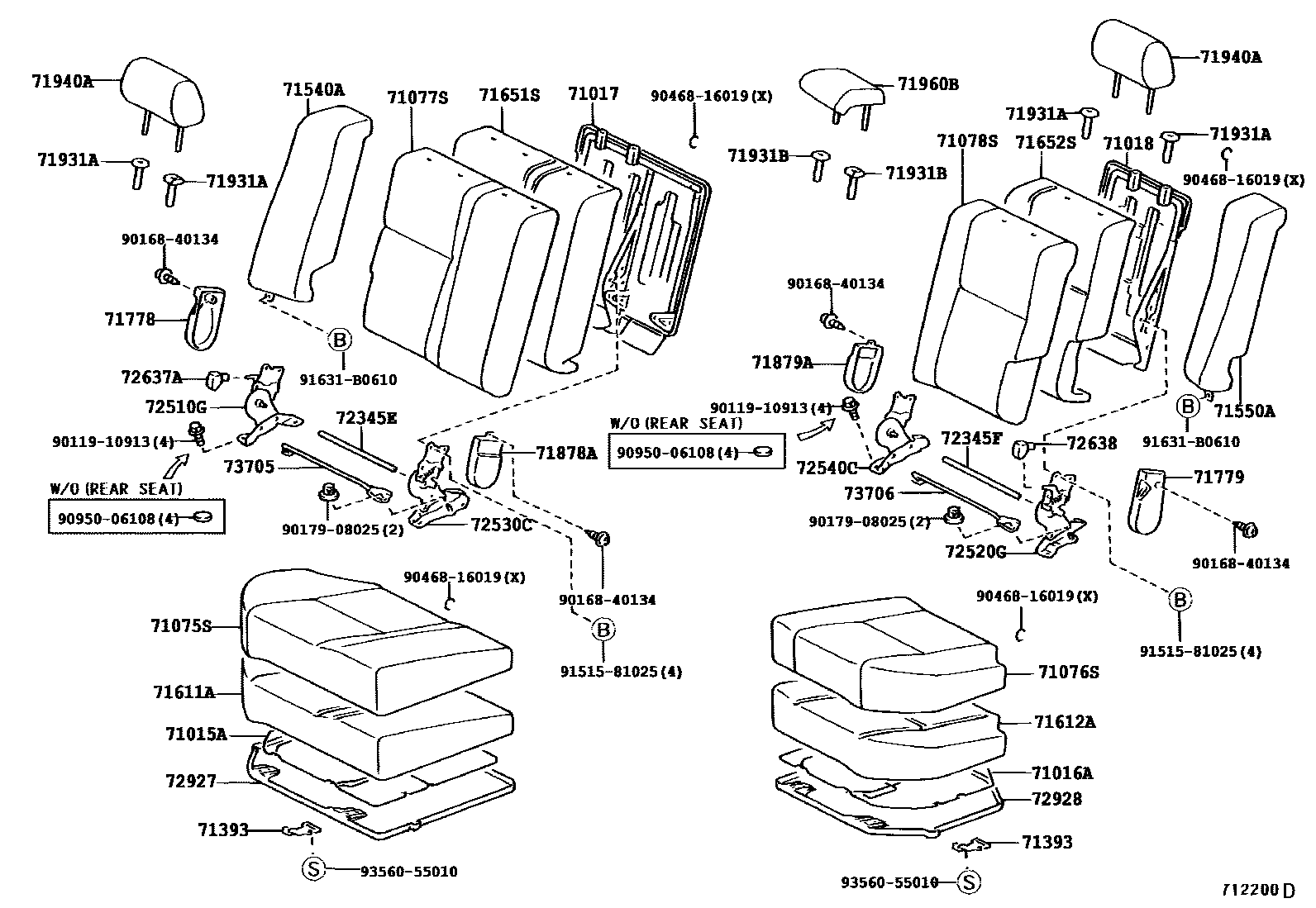 Toyota COROLLA 后排座椅和座椅滑轨 EPC diagram — 712200D