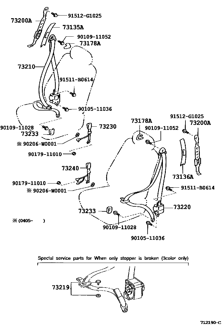 Toyota COROLLA 安全带和儿童保护座椅 EPC diagram — 712190C