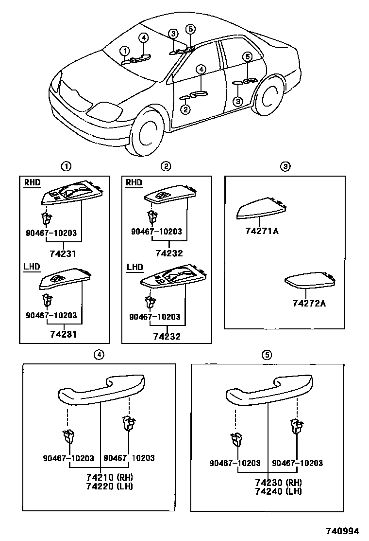 Toyota COROLLA 扶手和遮阳板 EPC diagram — 740994