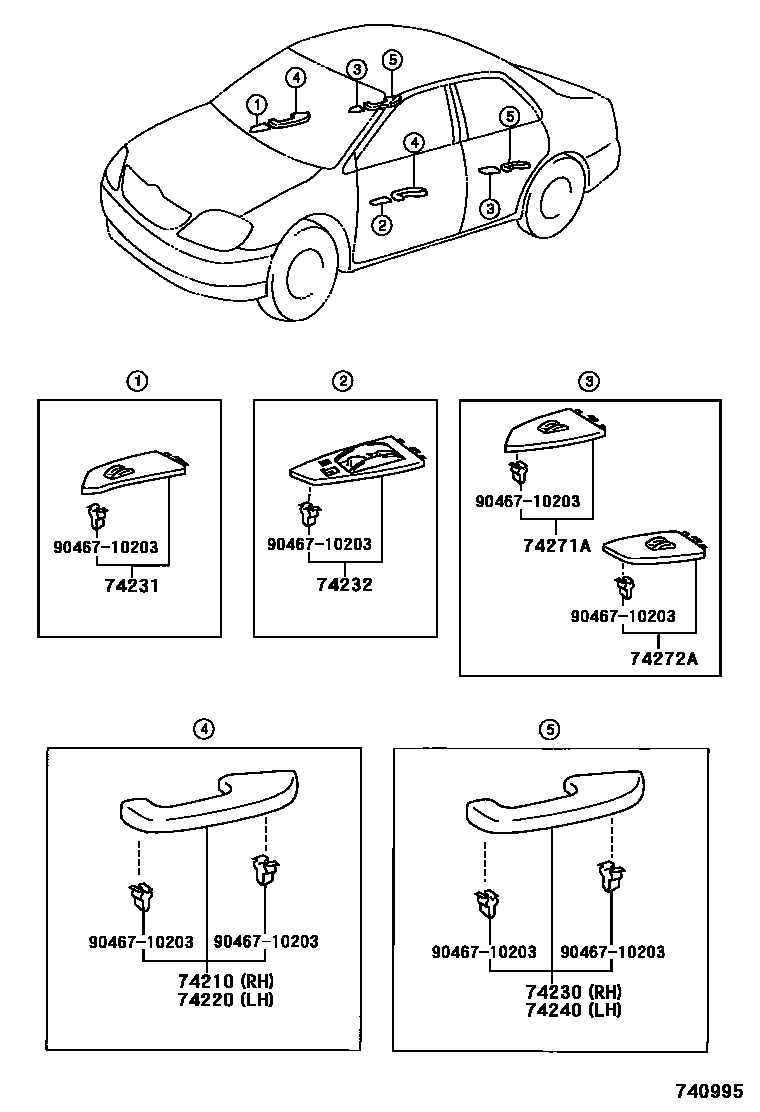 Toyota COROLLA 扶手和遮阳板 EPC diagram — 740995