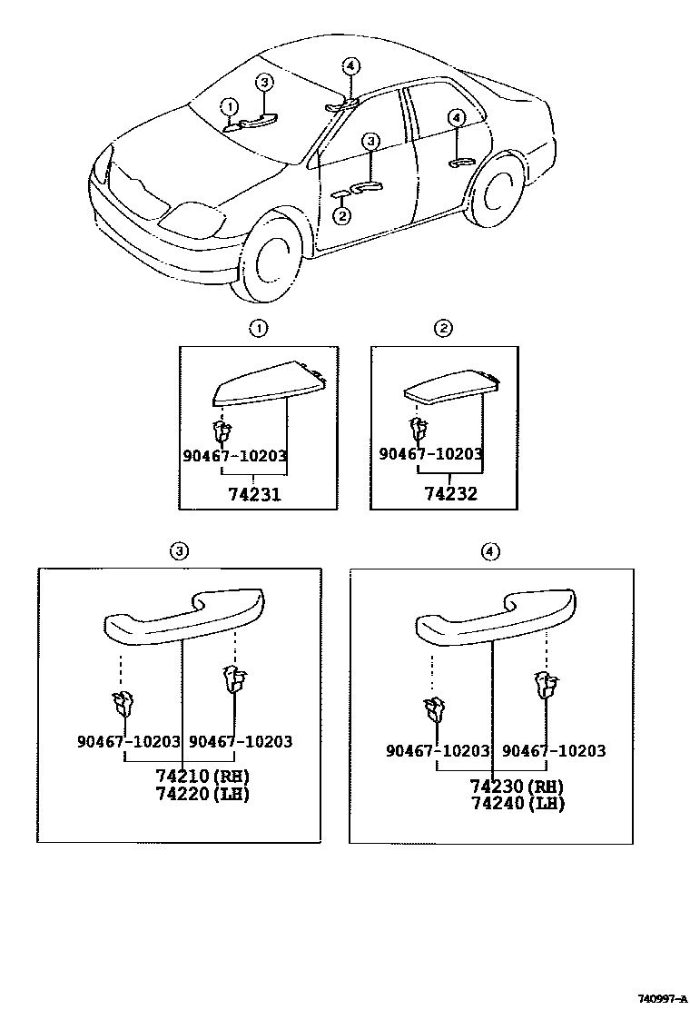 Toyota COROLLA 扶手和遮阳板 EPC diagram — 740997A