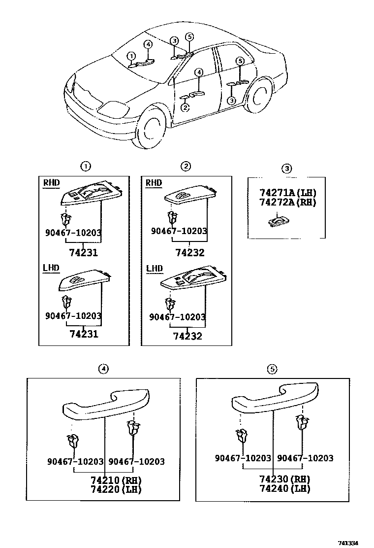 Toyota COROLLA 扶手和遮阳板 EPC diagram — 741334