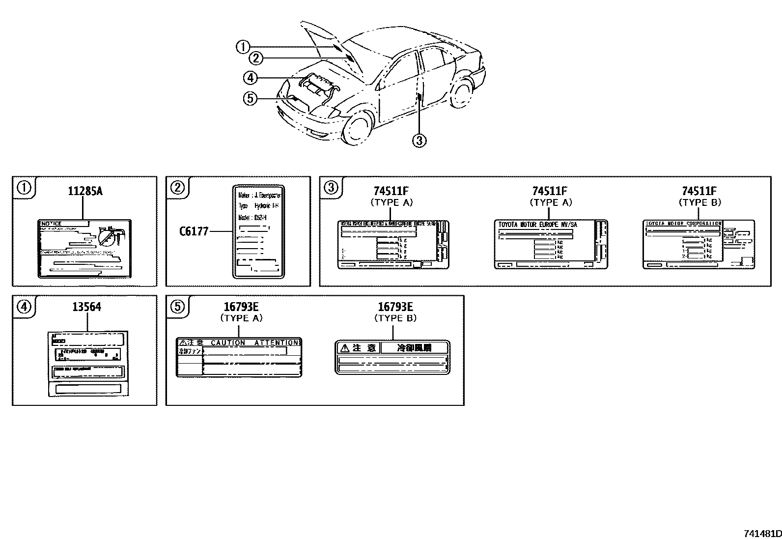 Toyota COROLLA 警示铭牌(车外和车内) EPC diagram — 741481D