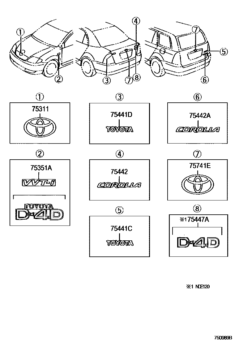 Toyota COROLLA 丰田徽标和铭牌(车外和车内) EPC diagram — 750989B